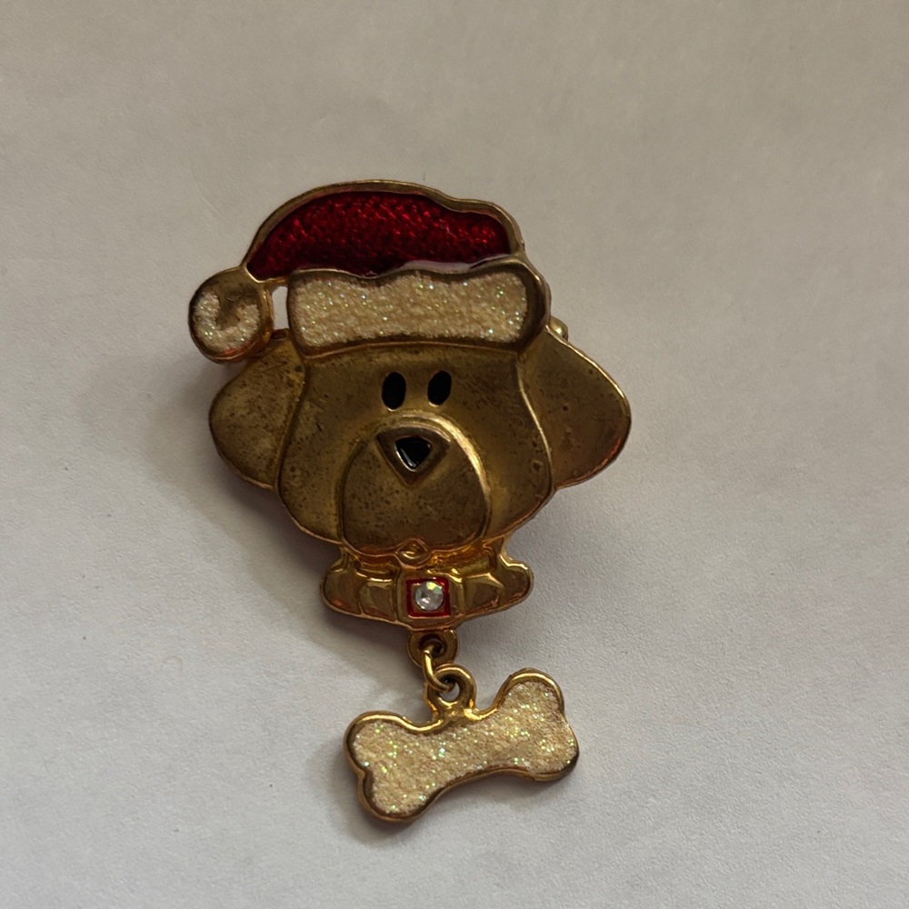 Vintage Christmas pin puppy with a dangle bone
